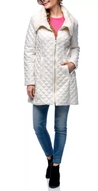 NEW Via Spiga IVORY S Diamond Quilt Zip Rib Knit Collar Walker Jacket Coat $208