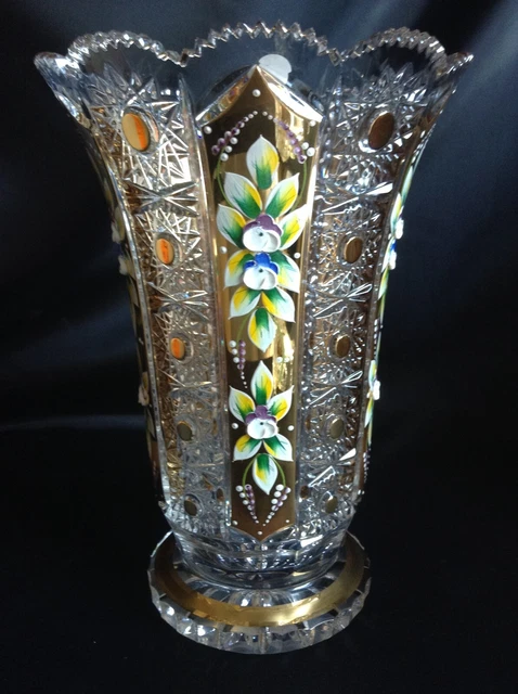 Czech bohemia crystal glass - Cut crystal vase  25cm/10" decorated gold and enam