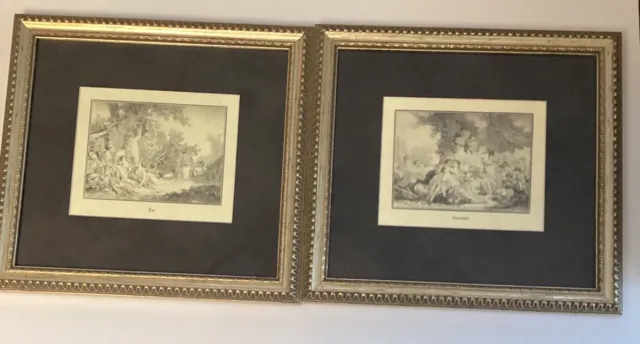 Pair Of French Prints - Ete ( Summer ) And Autonme Fall Fine Gilt Gold Frames
