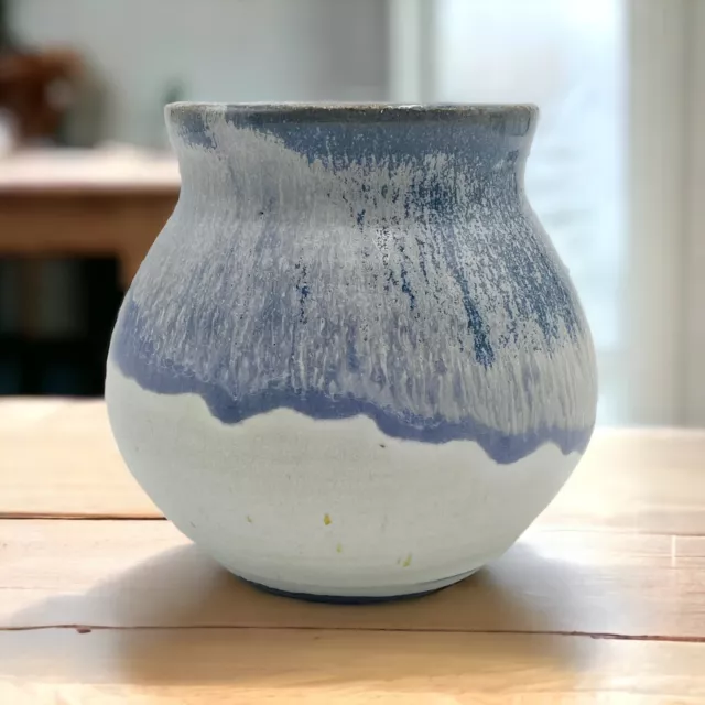 Studio Art Pottery Stoneware Tonal Blue Drip Glazed Round Vase 5”