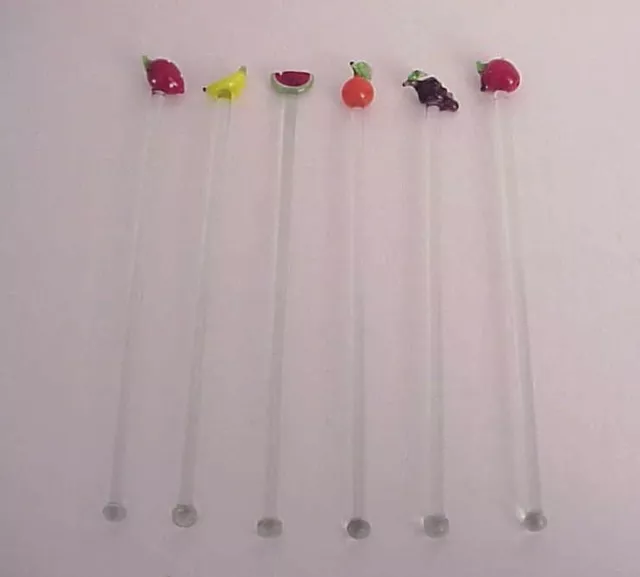 Set of 6 Glass 8" Swizzle Sticks with Hand Blown Fruit Tops