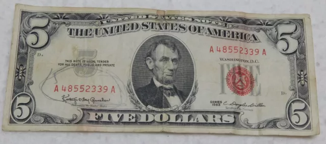1963 $5 RED Seal United States Legal Tender Note Old Five Dollar US Currency