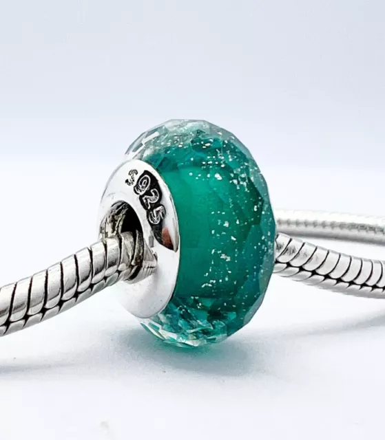 💖 Green Glitter Murano Glass Charm Bead Genuine 925 Sterling Silver 💖