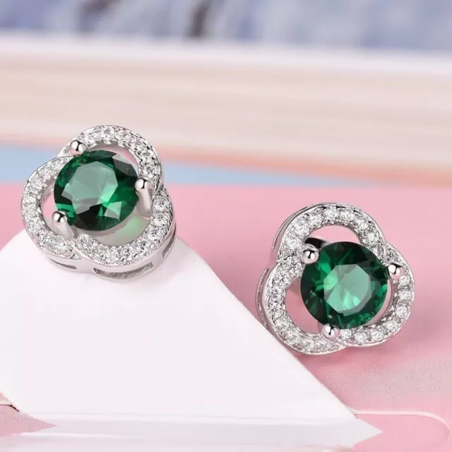 2Ct Round Cut Lab Created Green Emerald Halo Stud Earrings 14K White Gold Plated 2