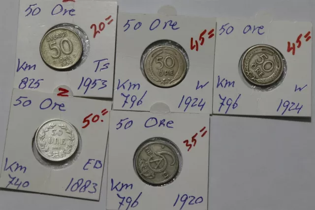 Sweden - 50 Ore - 5 Coins Lot With Silver B38 J15