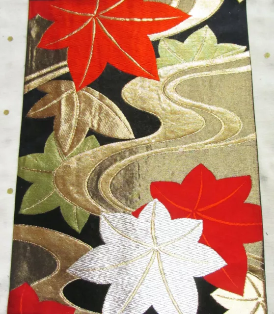 Vintage Japanese Kimono Wedding Fukuro Obi Silk Piece Falling Maple Leaves