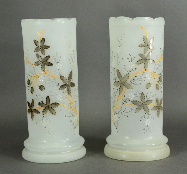 = Victorian 19th/20th c. Bristol Glass Pair of Opaque White Vases w. Fall Leaves