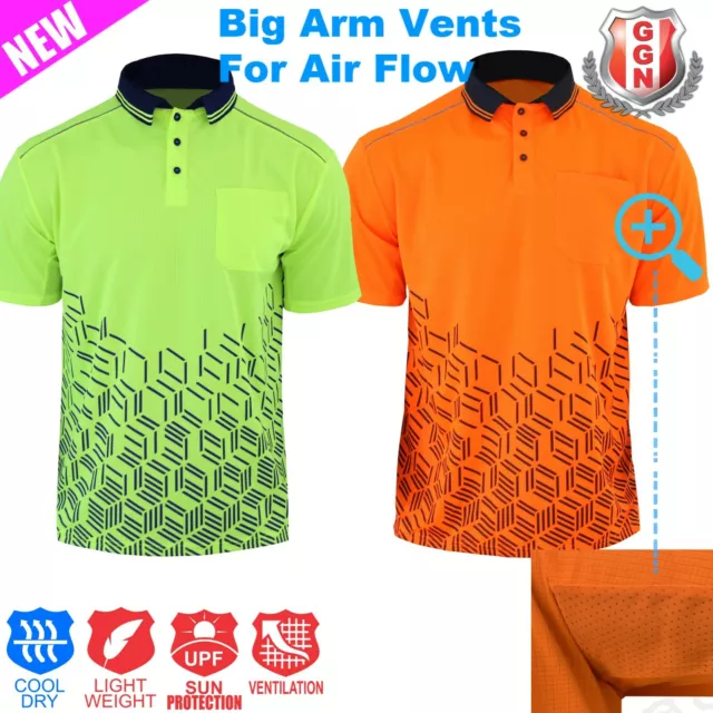 Mens Work Polo HI VIS Shirts Safety Orange Yellow Work Wear Contrast Cool Dry