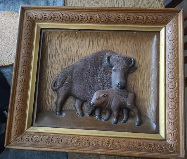 Hand carved buffalo Relief One Of A Kind Signed Framed