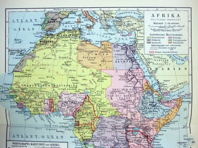 AFRICA MAPPA tedesca originale del 1928 di Meyers. Etiopia Nigeria