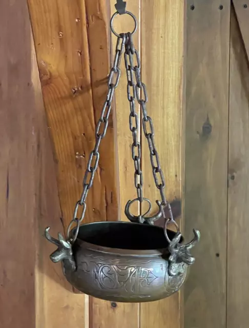 Vintage Copper And Brass Ornate Hanging Pot W Steer Head And Horns Hand Crafted