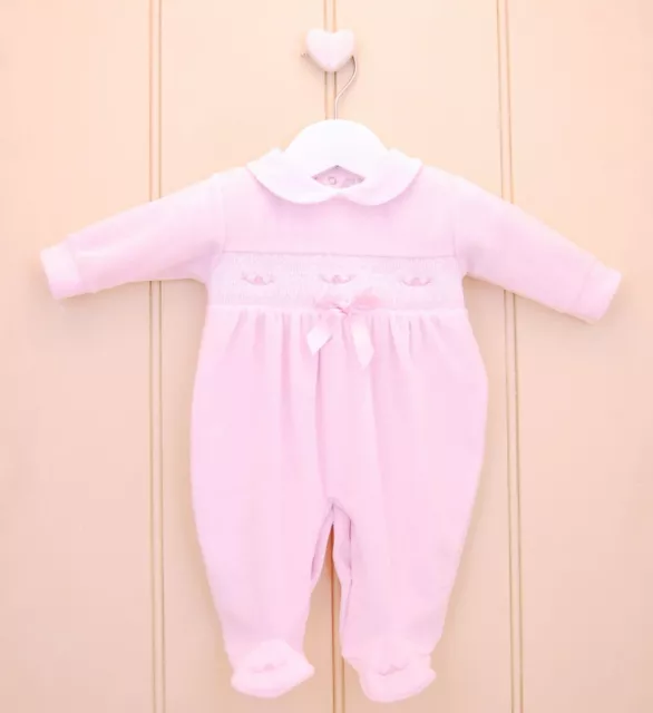 Baby Girl Pink Smocked Bow Rompers Babygrow Sleepsuit Spanish Velour Girls 0-9M