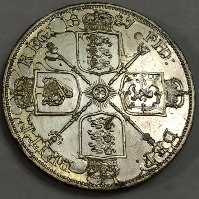 1887 silver Great Britain double florin. Arabic date XF-AU shellac, harsh clean