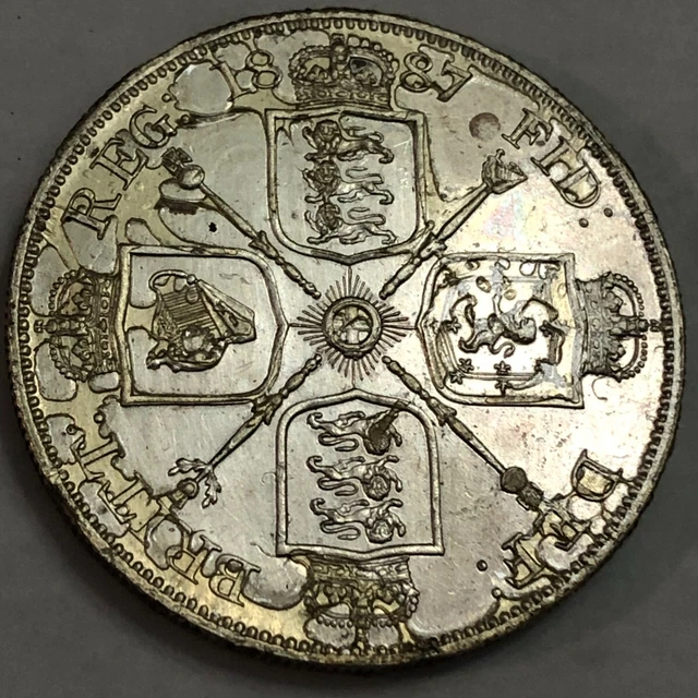 1887 silver Great Britain double florin. Arabic date XF-AU shellac, harsh clean