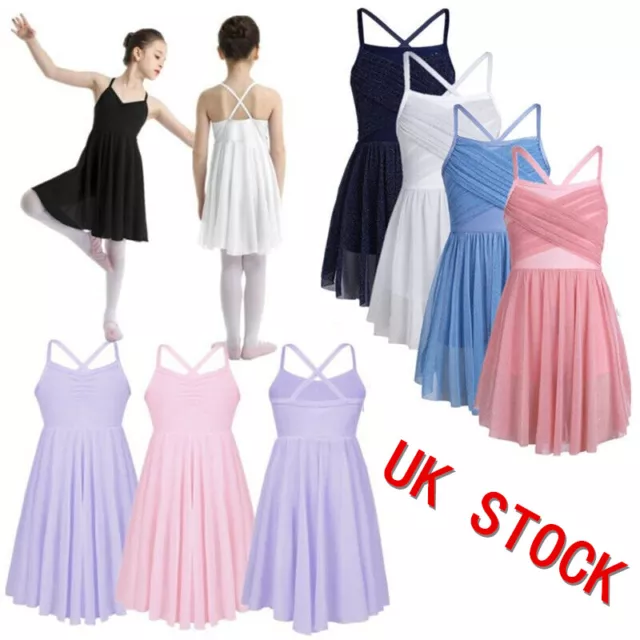 UK Girls Ballet Dress Spaghetti Straps Lyrical Dance Leotard Dress Kids Costume
