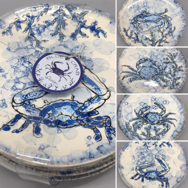 x4 Spectrum Blue Crab Appetizer Plate Set Pottery Chesapeake Bay Watercolor 6"