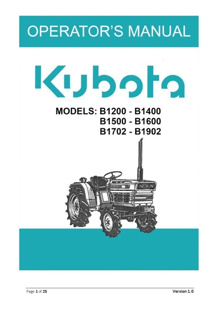 Tractor Operator Maint Manual Kubota B1200 B1400 B1500 B1600 B1702 B1902