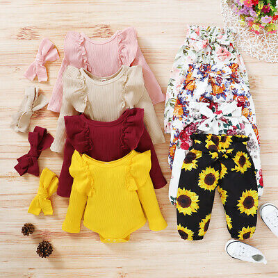 Cute Toddler Baby Girls Long Sleeve Ruffles Romper Bodysuit+Floral Pants Outfits