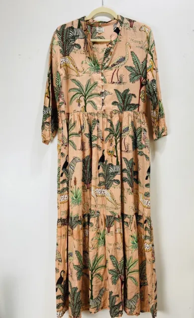 Zoe’s Empire Maxi Dress Women’s Small Tropical Safari Novelty Print Boho