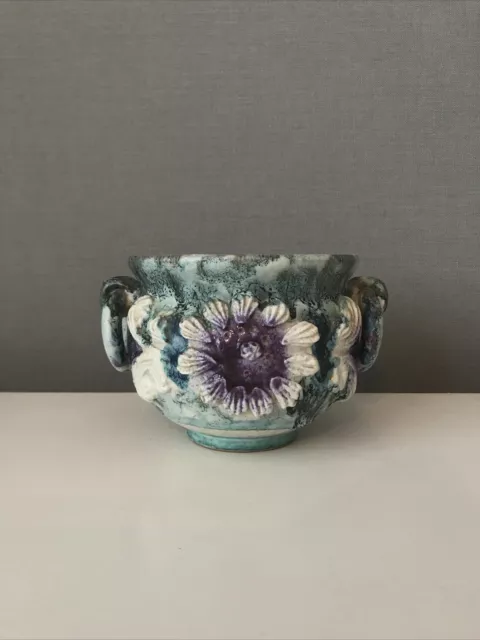Vintage Italian n.r Pottery Handled Vase blue purple Flower Nuovo Rinascimento