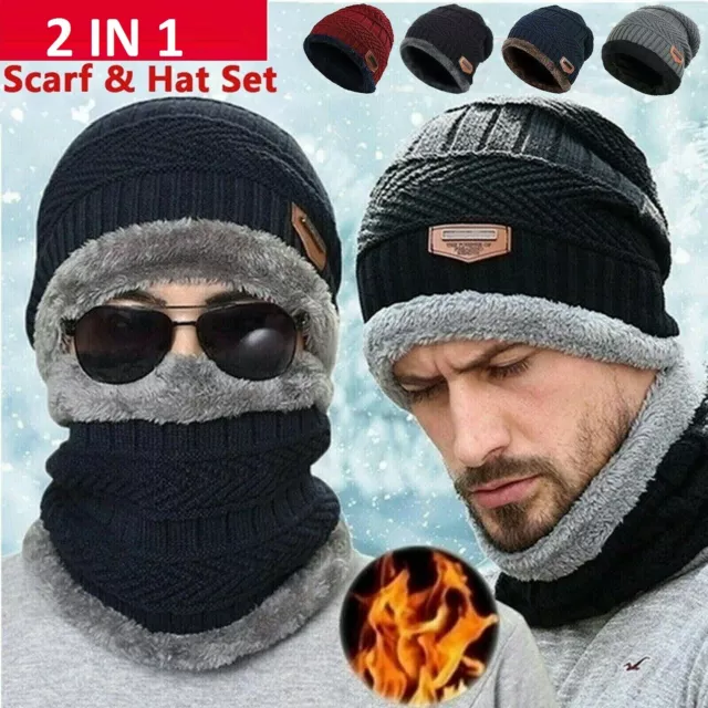 Men Women Hat Winter Knitted Neck Warm Scarf Beanie Fleece Ski Cap Hat Slouch AU