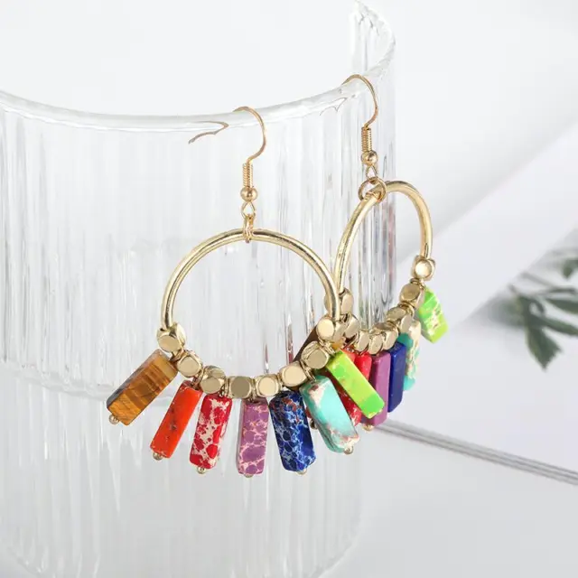 Ethnic Style Gold Plated Natural Stone Retro Women's Drop Hook Earrings Jewelry