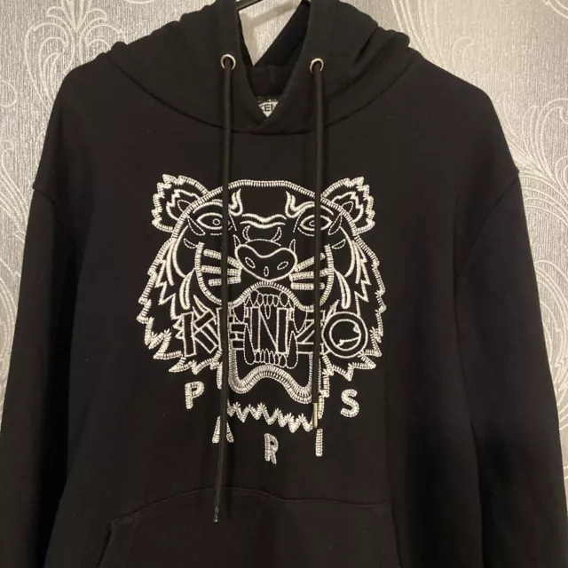 KENZO Paris Tiger Embroidered Hoodie MEDIUM Black Pullover Sweatshirt Logo