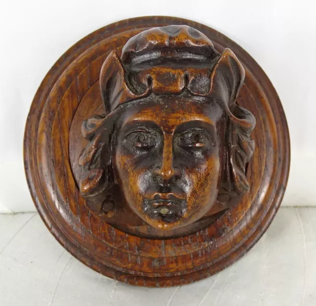 Antique French Walnut Wood Medallion - Man Head Finely Hand Carved 19 th - N°2