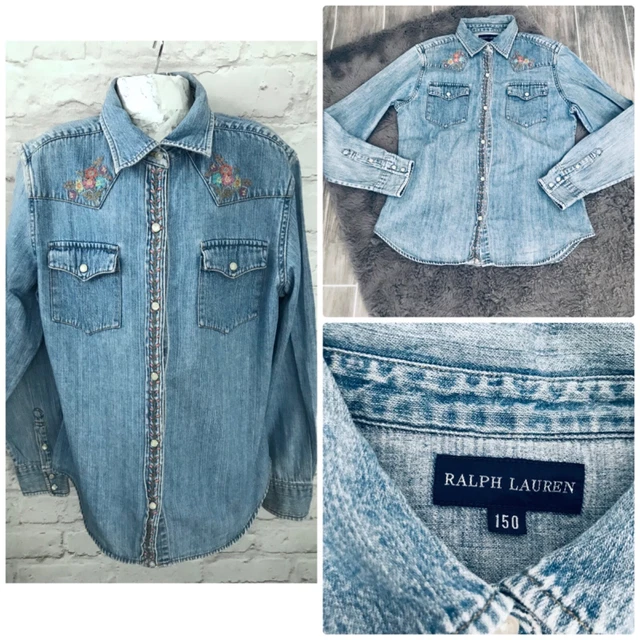 Girls Ralph Lauren Shirt Age 10-12 Blue Denim Cotton Button Up Long Sleeve Logo