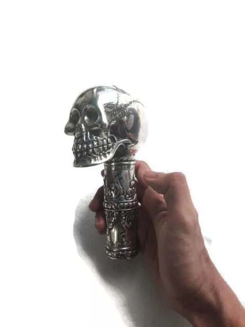 engraved aged walking STICK handle KNOB SKULL BRASS head SILVERday of the dead B