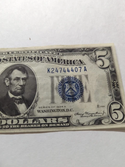 US $5 Five Dollar SILVER CERTIFICATE Series 1934A - Blue Seal 3