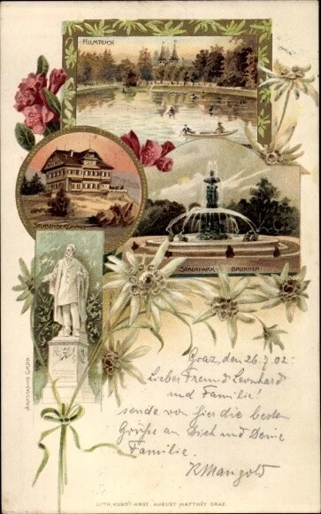 Präge Litho Graz Steiermark, Stadtparkbrunnen, Stubenberghaus,... - 3066597