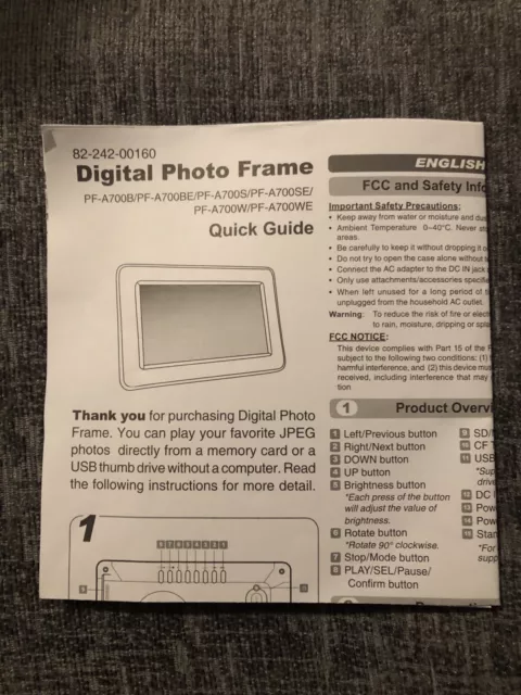 Digital Photo Frame 82-242-00160 PF-A700 Manual Instructions Quick Guide L@@K