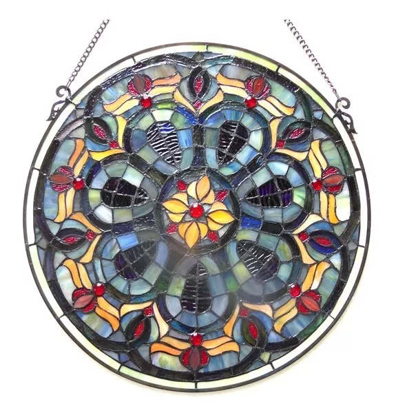 20" Tiffany Style Round Floral Victorian Sheilded Stained Glass Window Panel
