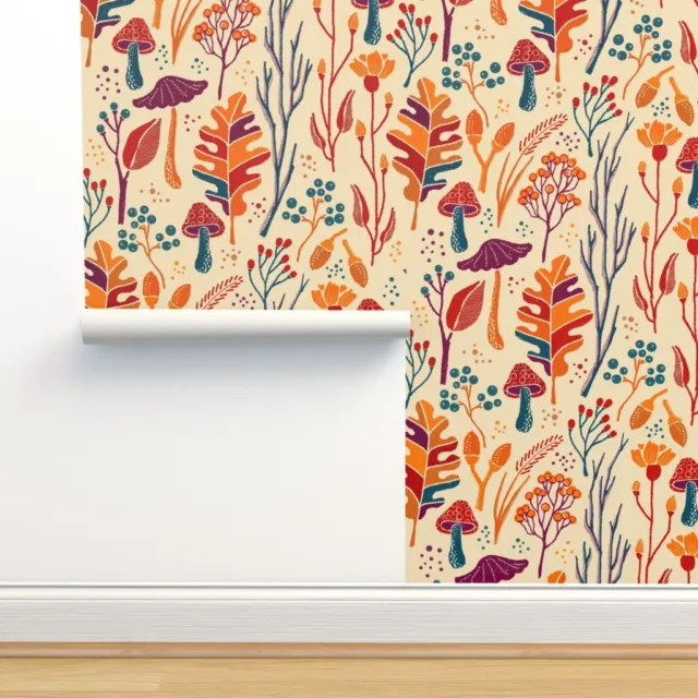 Removable Water-Activated Wallpaper Autumn Botanical Forest Doodles Orange