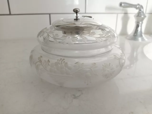 Antique Cut Etched Glass & Sterling Silver Powder Rouge Vanity Pot Jar
