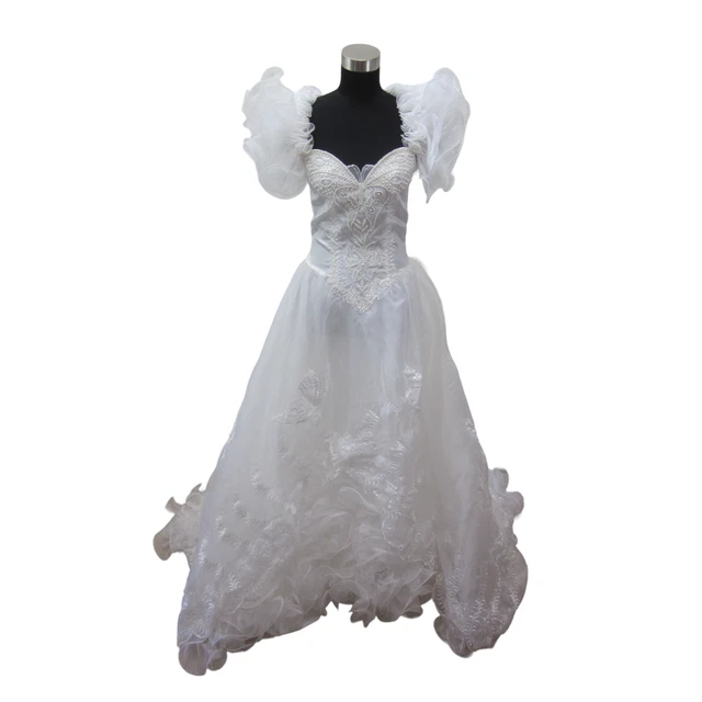 VTG BONNY Butterfly Applique Frilly Ruffle Beaded Lace WEDDING Gown Dress Sz 4 6