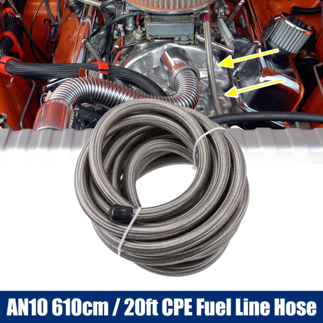 20ft AN10 Car Braided Stainless Steel CPE Oil Fuel Gas Line Hose Silver Tone