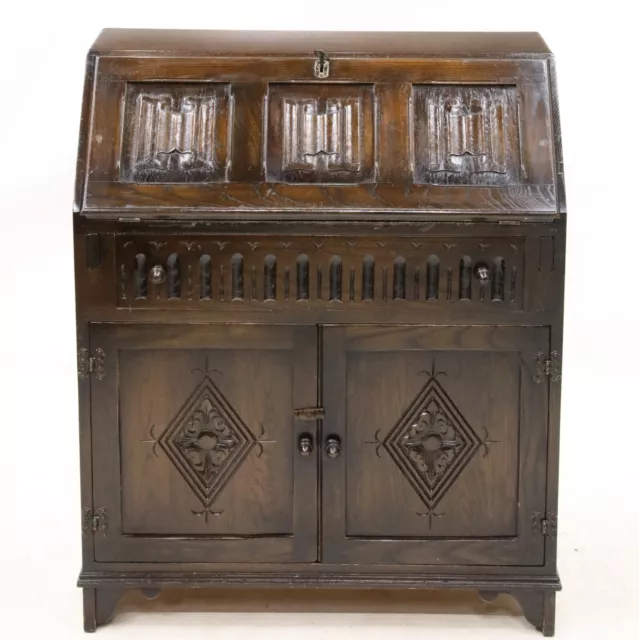 Vintage Bureau With Fitted Interior Linenfold Carvings FREE UK Delivery