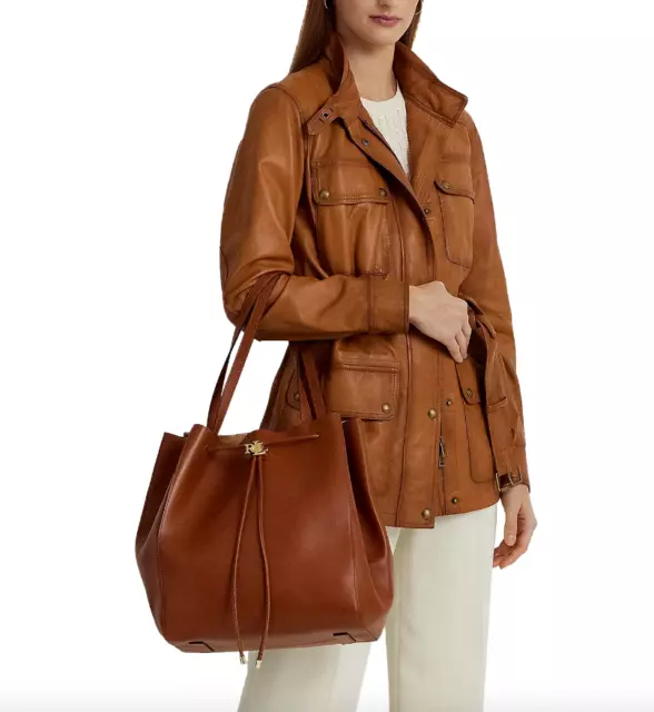 $395 Lauren Ralph Lauren Andie Tan Brown Leather Drawstring Tote Shoulder Bag