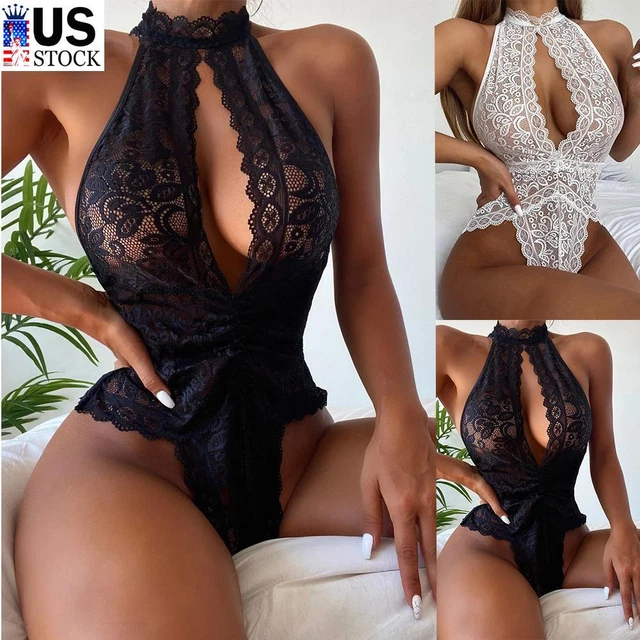 Women Floral Lace Hollow Out Halter Bodysuit Babydoll Leotard Lingerie Sleepwear