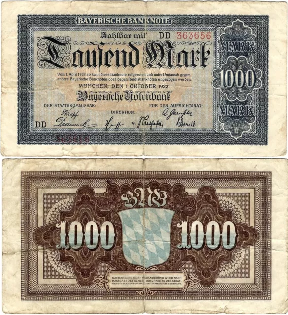 Länderbanknote 1000 Mark 1922 München Bayerische Notenbank BAY5c P-S924(3)