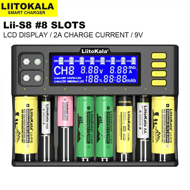 Liitokala Lii-S8 Caricabatteria per 8650 3.7V Li-Ion Nimh 1.2V 9V Li-Fepo4 3.2V