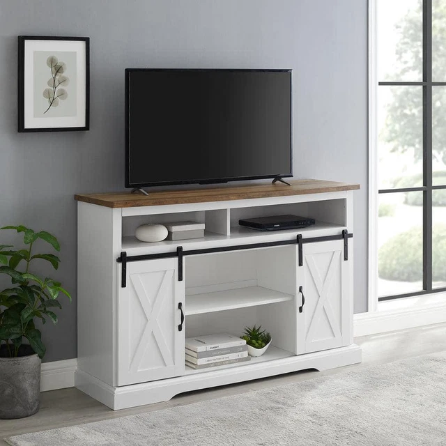 Walker Edison Furniture TV Stand 52" White Reclaimed Barnwood w/ Storage Doors