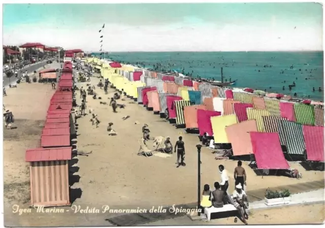 CARTOLINA DI RIMINI ,IGEA MARINA - SPIAGGIA - ACQUARELLATA viaggiata 1959