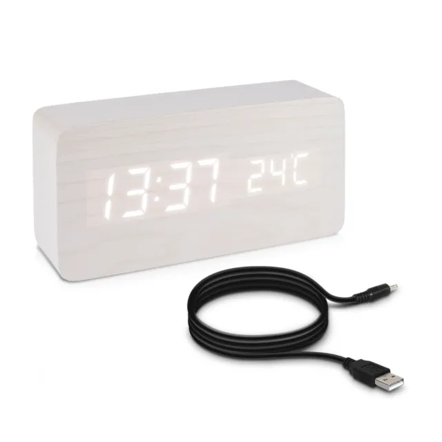 reloj digital de madera despertador con función de temperatura con LEDs blancas
