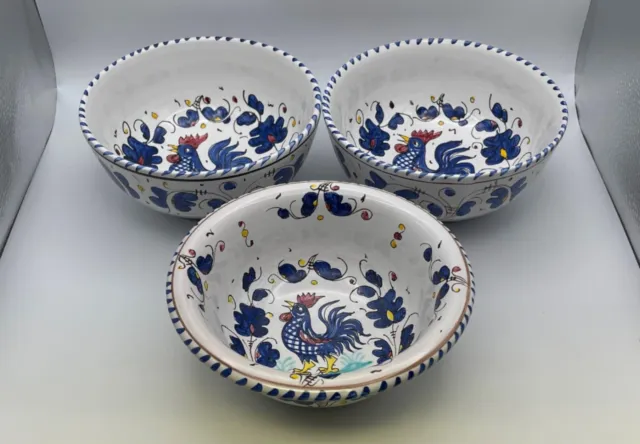 Set of 3 Deruta Italian Pottery BLUE ROOSTER Cereal / Soup Bowls