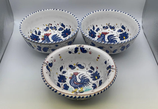 Set of 3 Deruta Italian Pottery BLUE ROOSTER Cereal / Soup Bowls