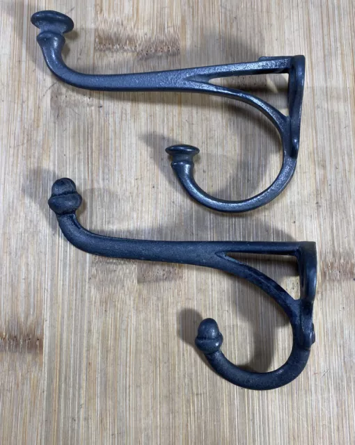 2 Antique Black 4 1/4" & 4" Cast Iron Hooks! Wall Mount Coat Closet Hat, Salvage