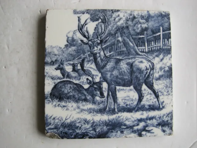 Antique Victorian Mintons Tile - Animals Of The Farm Series - Stag And Does